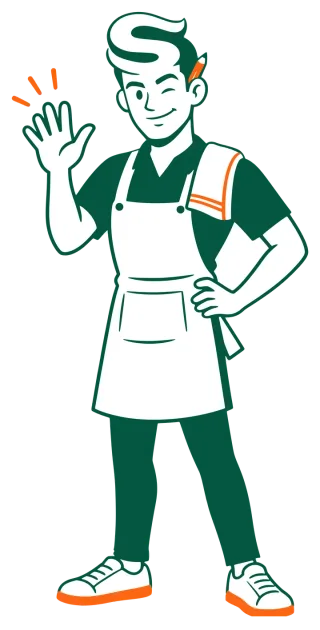 Senior waving: a young man in a green apron, winking